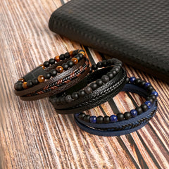 Layered Braided Leather Bracelet Tiger Eyestone Beaded Punk Accessory