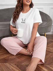  Striped & Bunny Print Pajama Set Short Sleeve Crew Neck Top & Pants