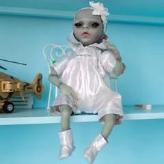 14" Realistic Vinyl Alien Doll Handcrafted Silver Dress with Floral Headband