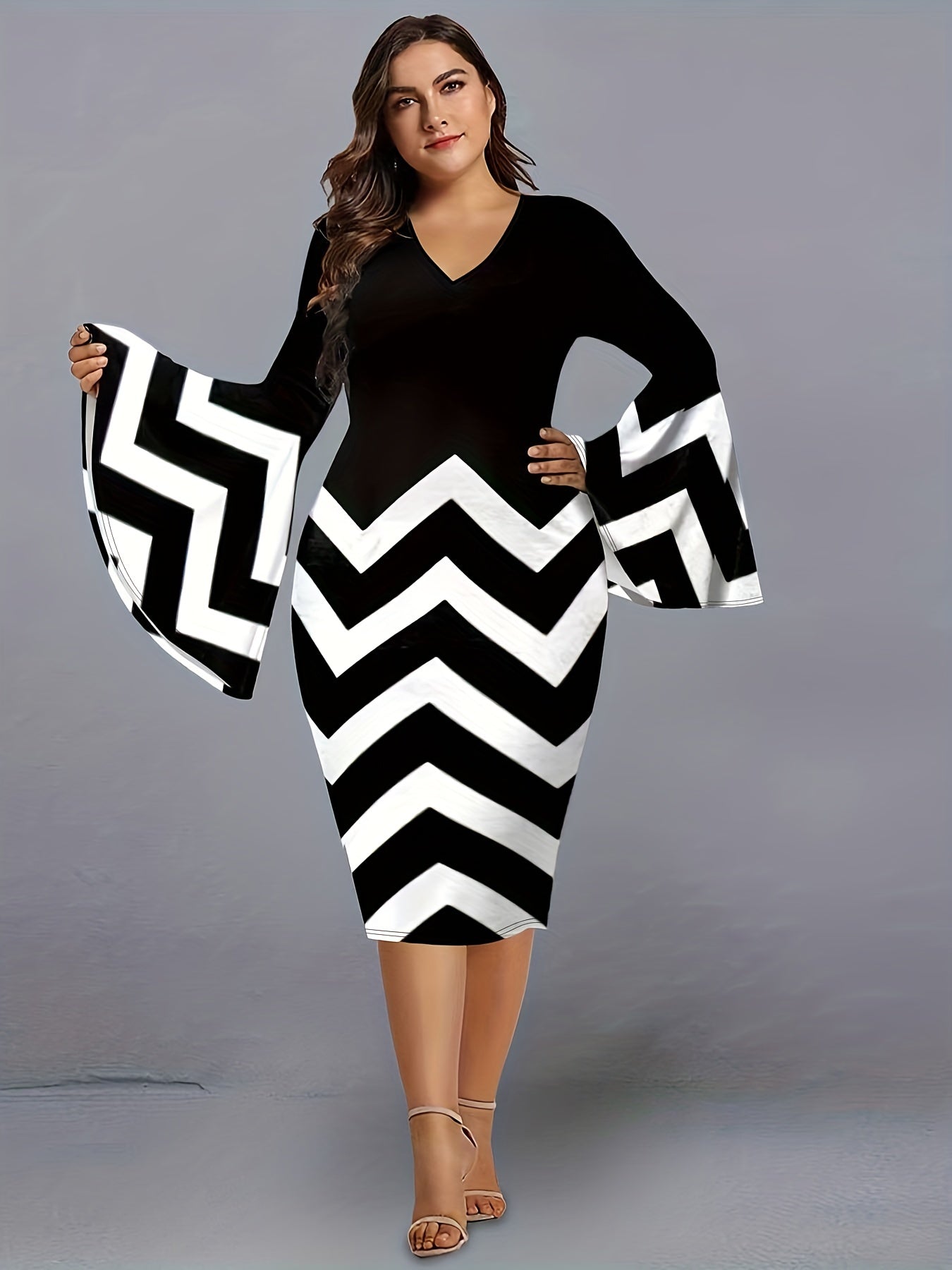  Colorblock Stripe Print Bell Sleeve V Neck Midi Dress