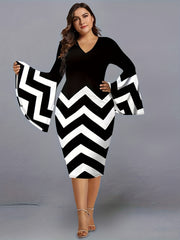  Colorblock Stripe Print Bell Sleeve V Neck Midi Dress