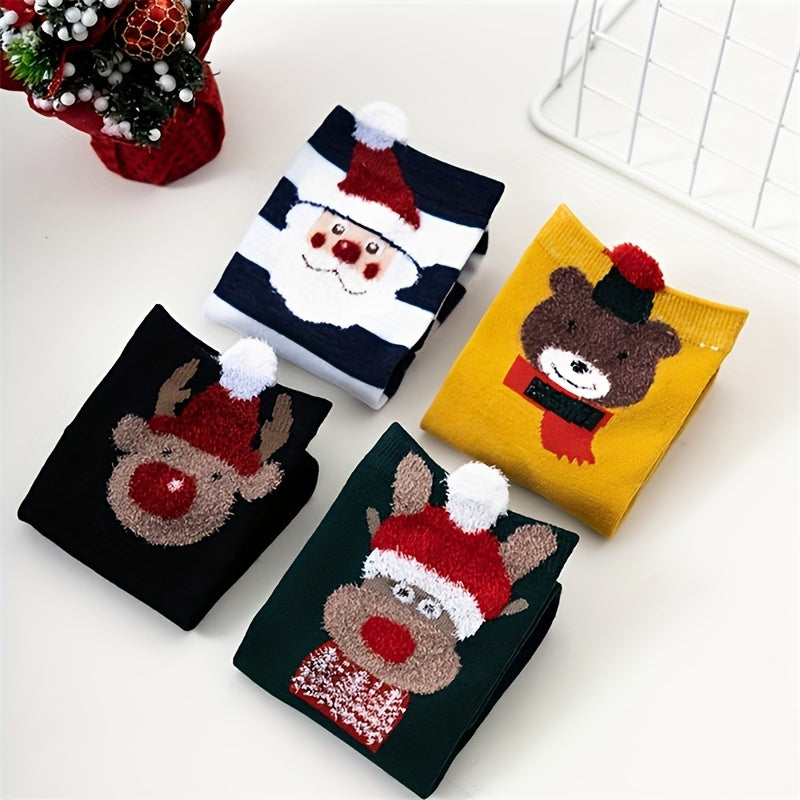 4 Pairs Christmas Print Socks Women's Stockings Comfy & Mid Tube Hosiery