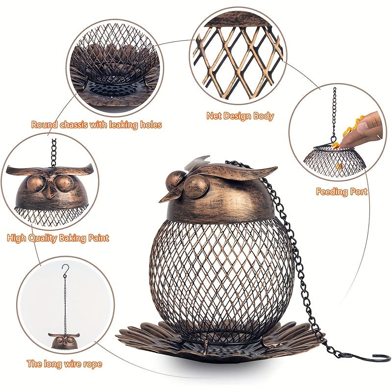 Owl Shaped Hanging Bird Feeder Copper Metal Mesh Wild Finch Bird Feeder