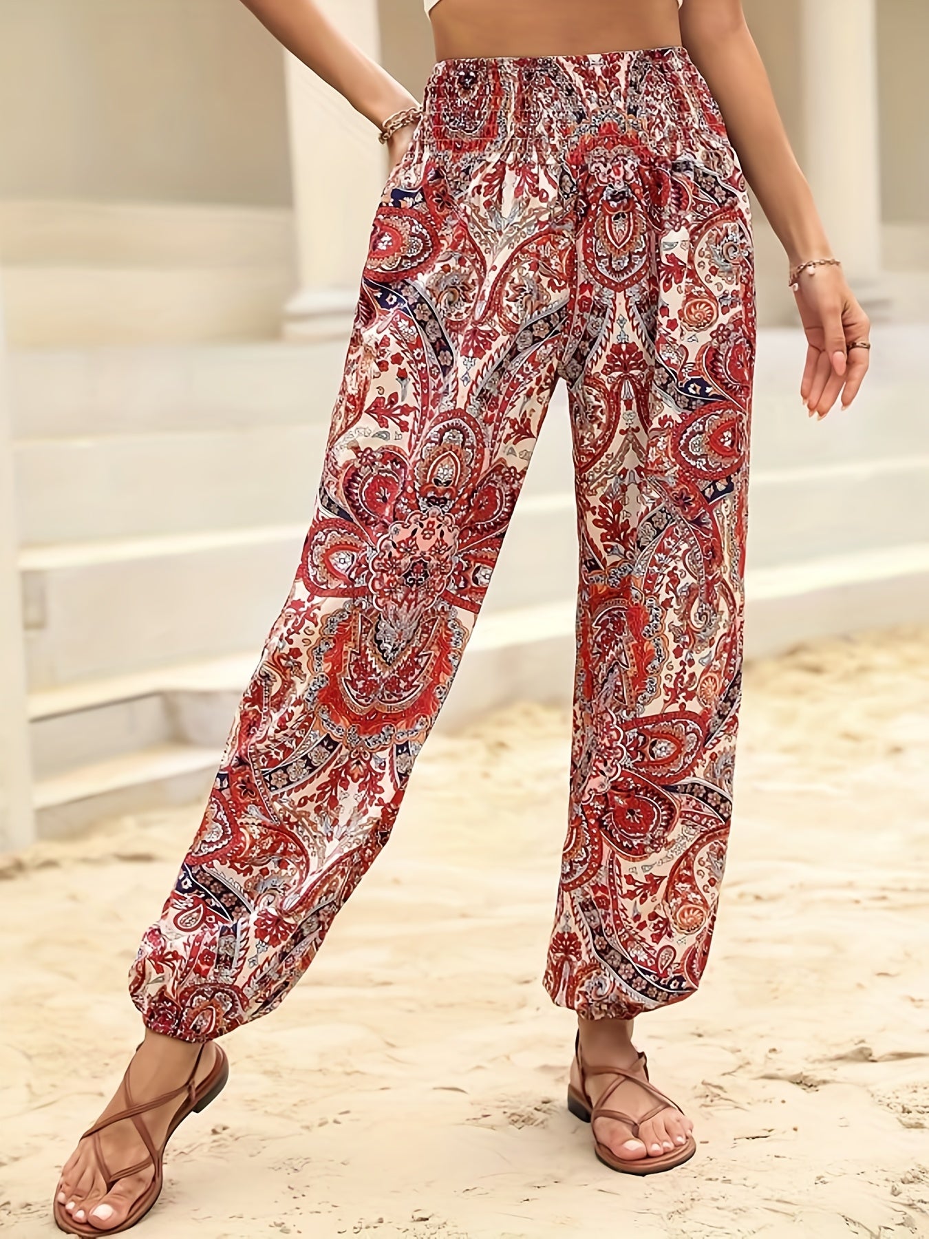 Paisley Print Shirred Waist Pants Boho Long Length Jogger Pants