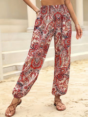 Paisley Print Shirred Waist Pants Boho Long Length Jogger Pants