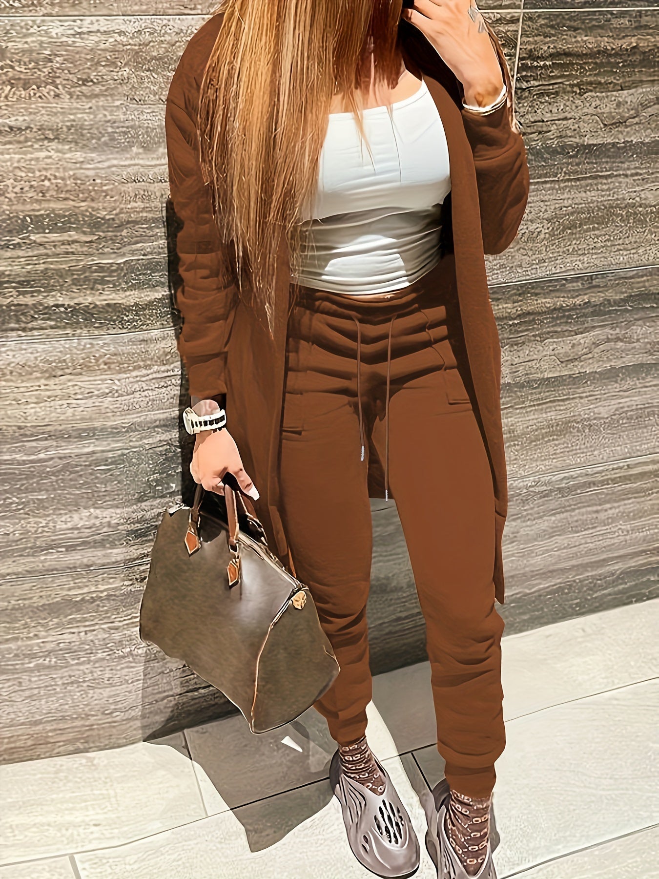  Solid Long Sleeve Coat & Joggers Set