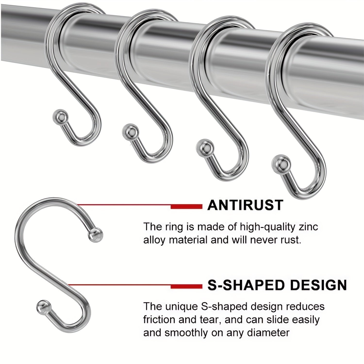 12pcs Nickel Shower Curtain Hooks Rust Proof Shower Curtain Rings Silver