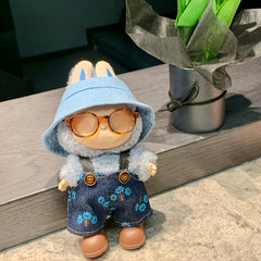 LABUBU Fisherman Hat Denim Overalls Leopard Print Glasses Brown Shoe