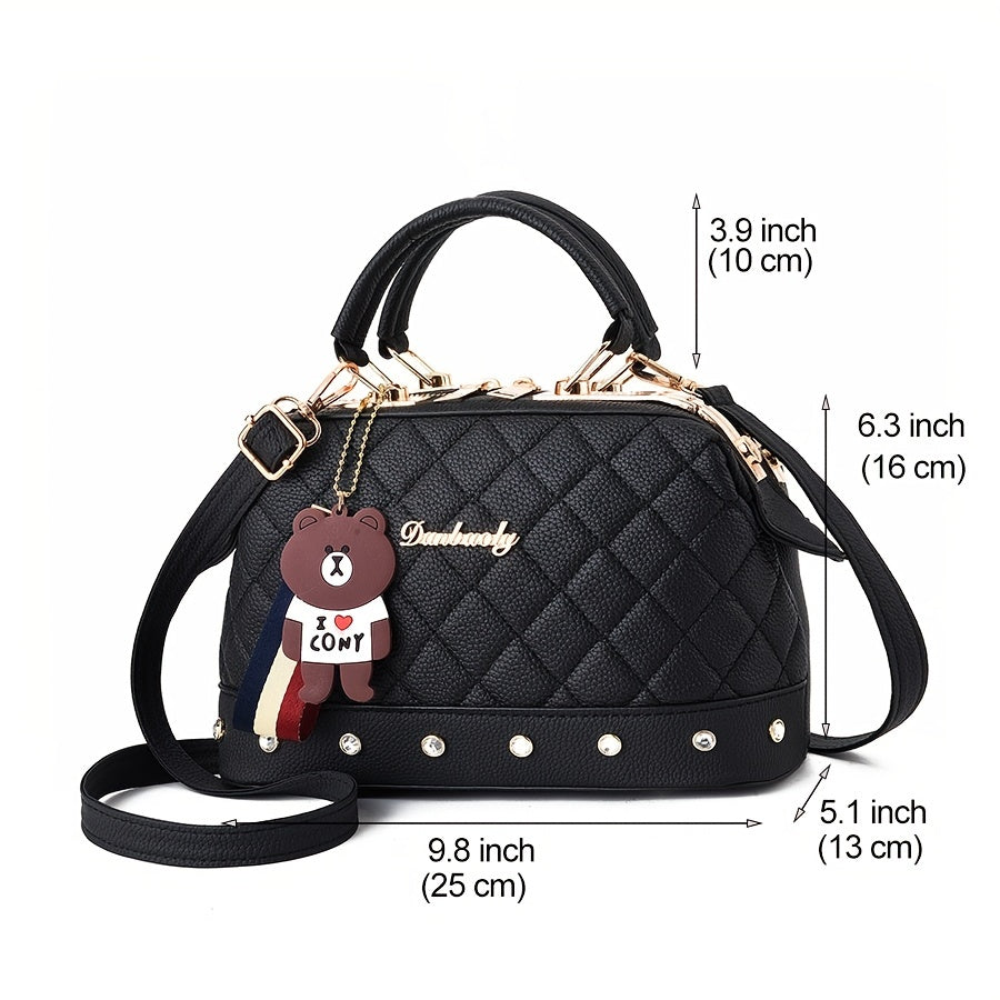 Argyle Quilted Top Handle Bag Rhinestones Zipper Crossbody Bag
