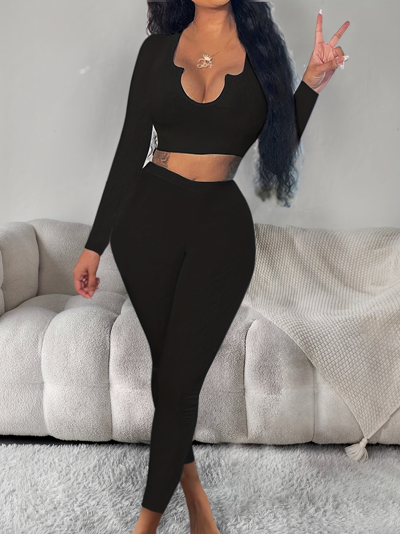 Solid Ribbed Lounge Set Long Sleeve V Neck Top & Elastic Waistband Pants