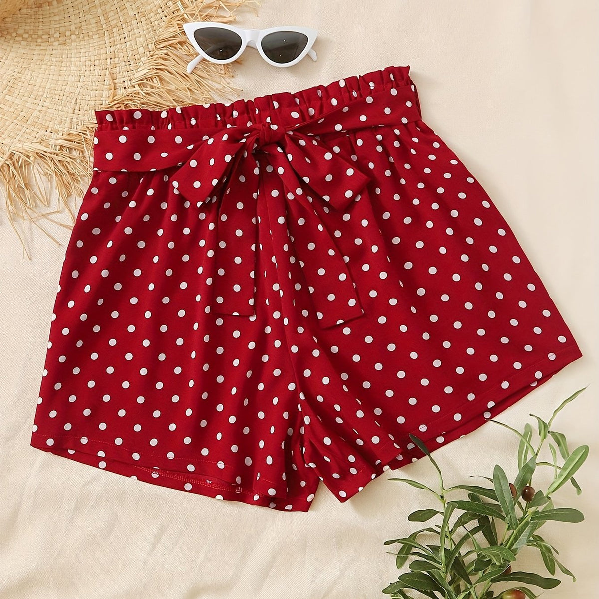  Polka Dot Print Elastic Shorts With Belt
