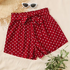  Polka Dot Print Elastic Shorts With Belt