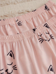 Cat Print Pajamas Set Short Sleeve Crew Neck Top & Shorts & Pants