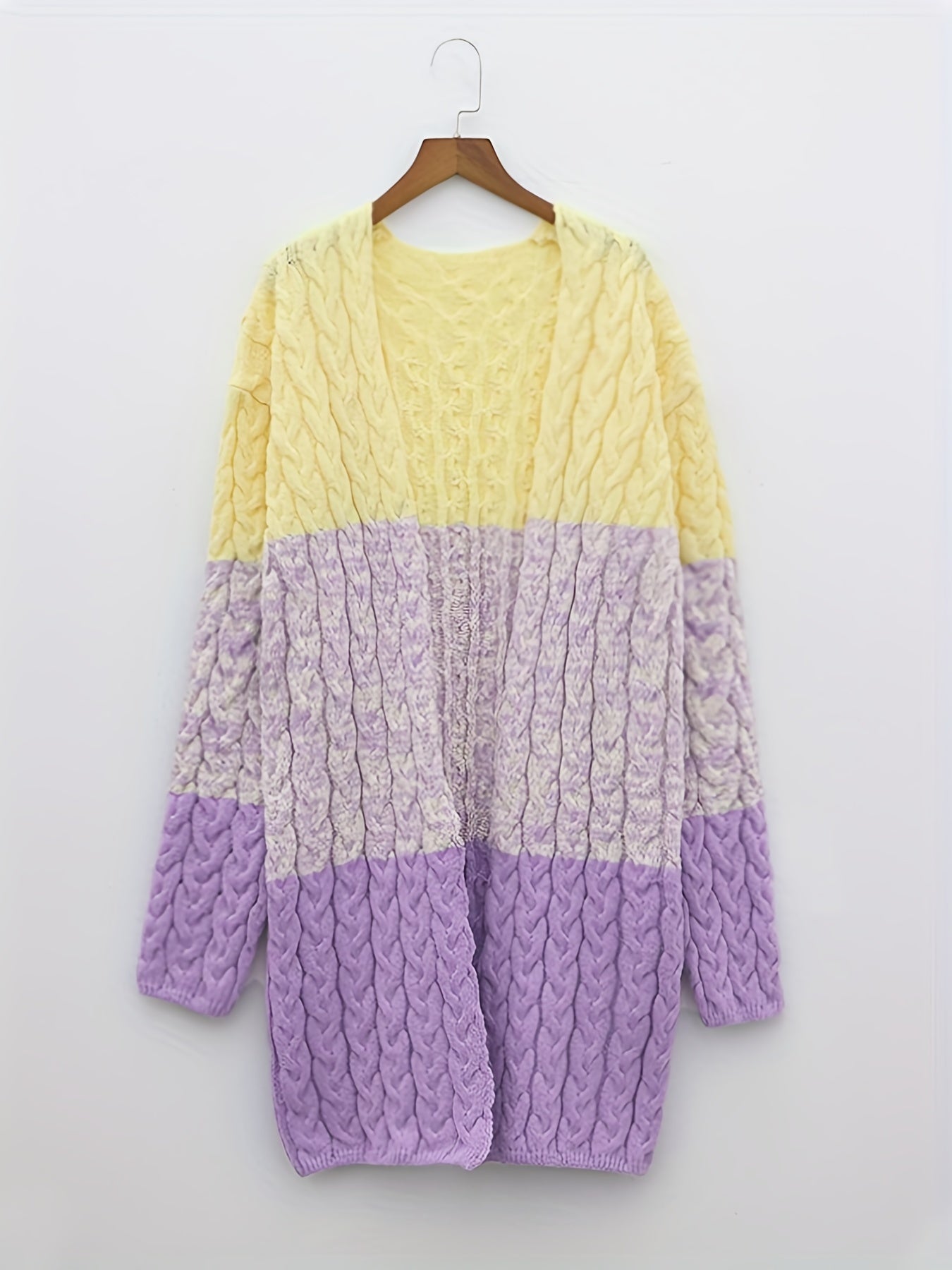  Colorblock Cable Knit Cardigan Open Front Long Sleeve