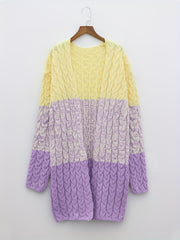  Colorblock Cable Knit Cardigan Open Front Long Sleeve