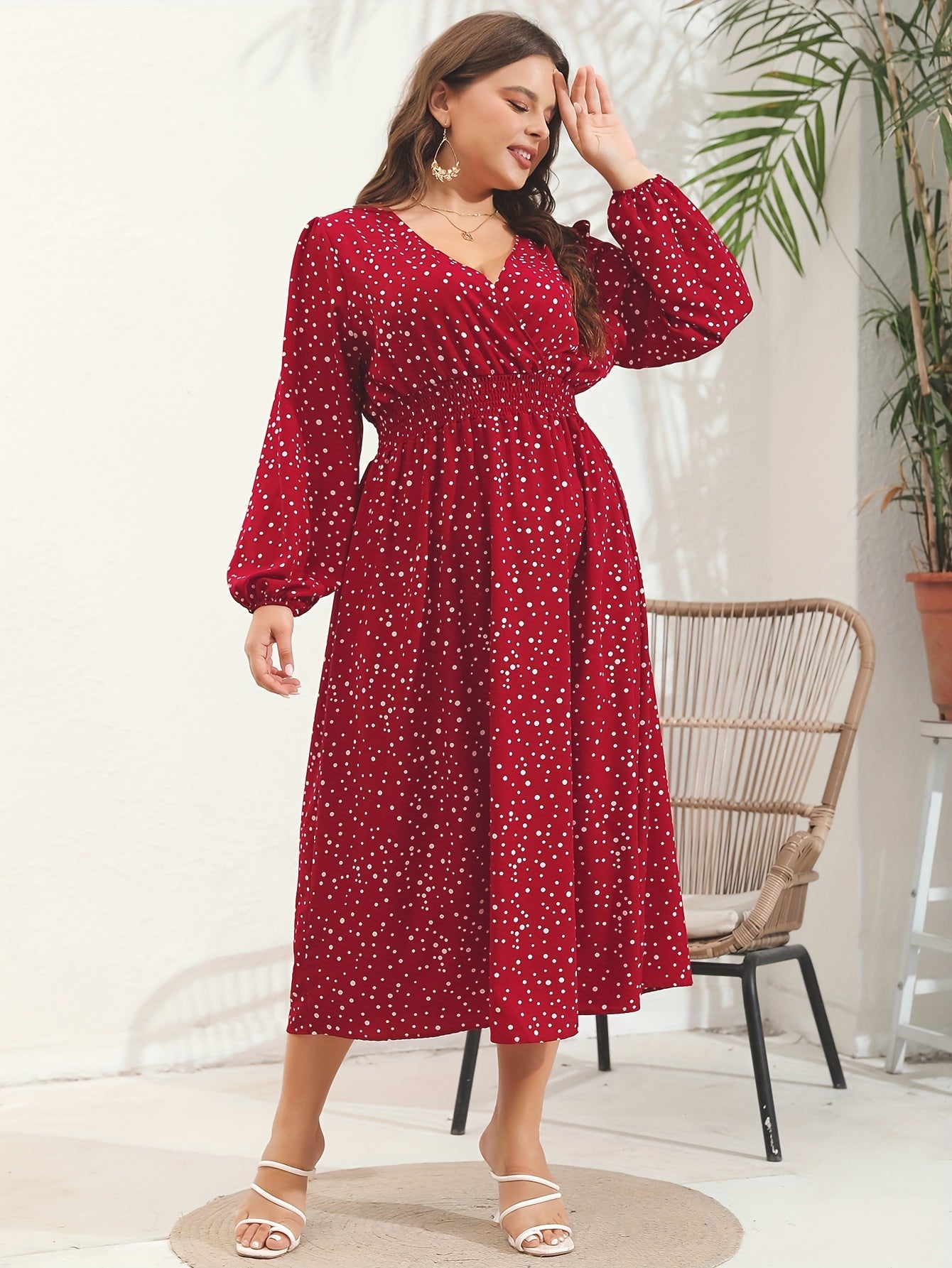  Dot Print Lantern Sleeve V Neck Midi Dress