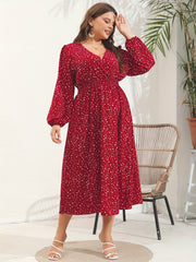  Dot Print Lantern Sleeve V Neck Midi Dress