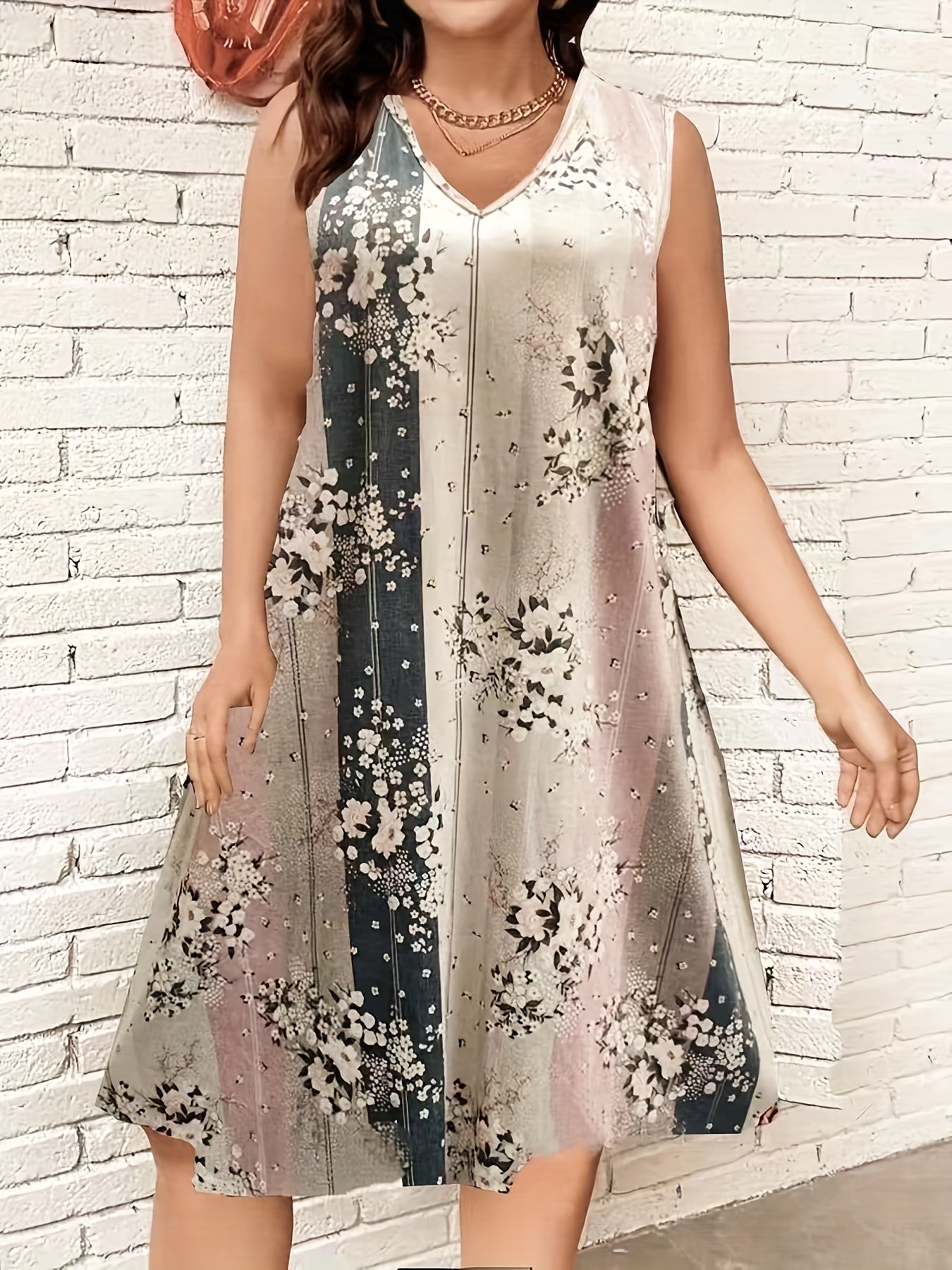  Colorblock Floral Tank Dress V Neck High Stretch