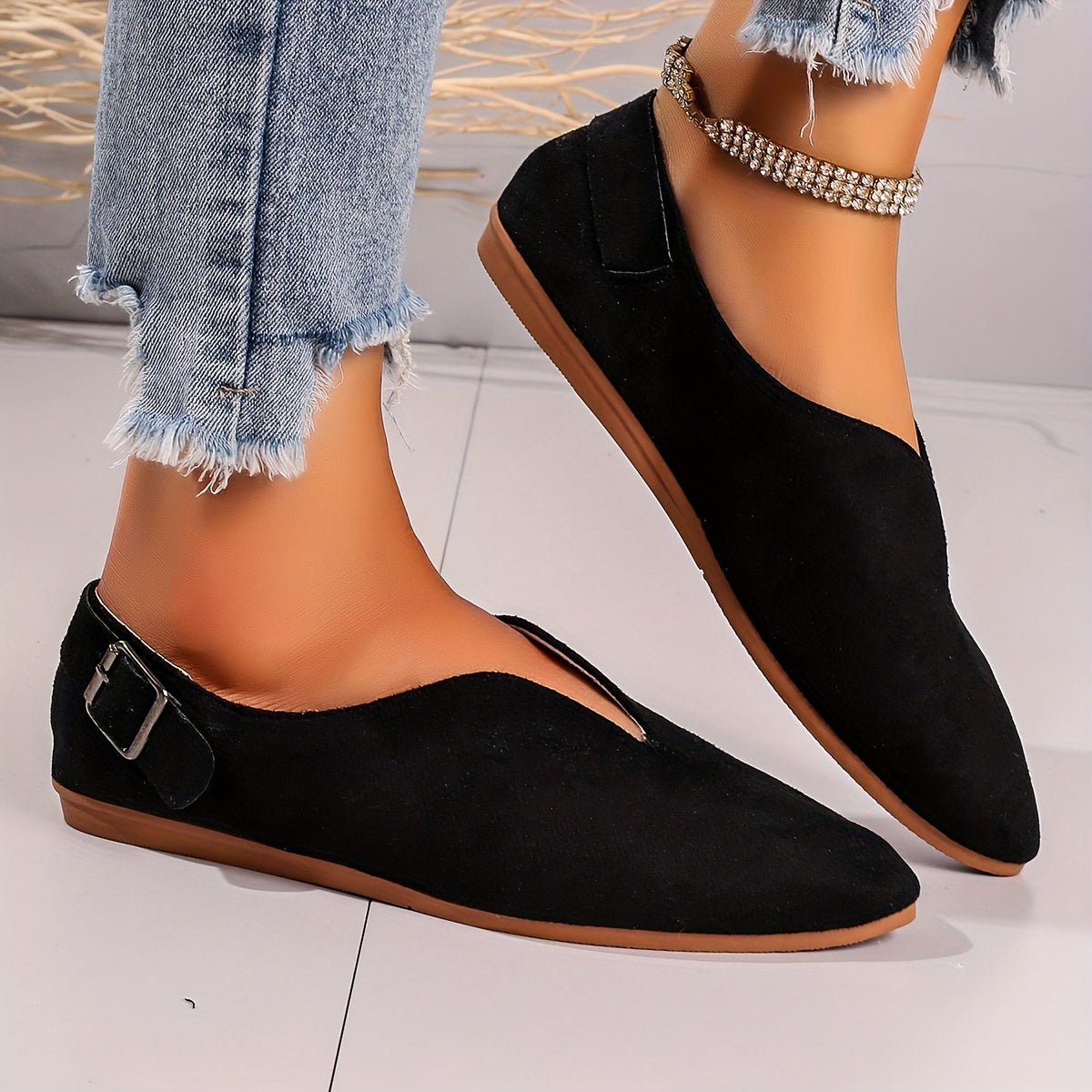 Solid V Cut Loafers Minimalist Buckle Slip On Flat Shoes