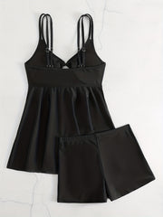  Modest Tankini Set Solid V Neck Tank Top & Shorts Swimsuit Two Piece