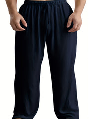 Men's Cotton Linen Wide Leg Beach Pants Drawstring Casual Yoga Trousers