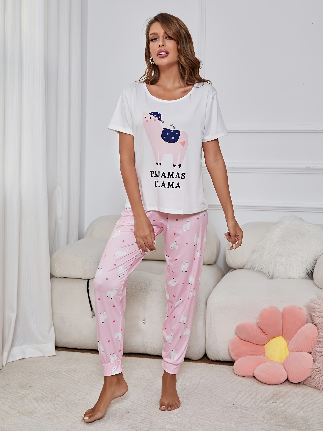 Cartoon Print Pajama Set Long Sleeve Top & Pants