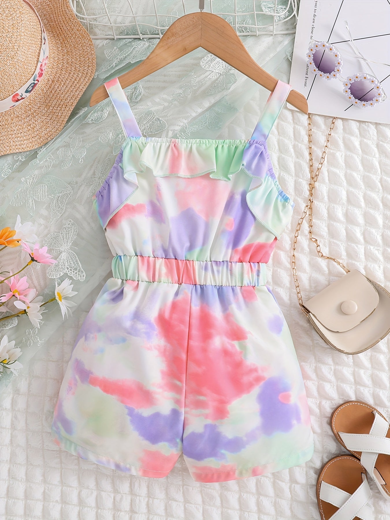 Toddler Girls Tie Dye Ruffle Trim Cami Romper