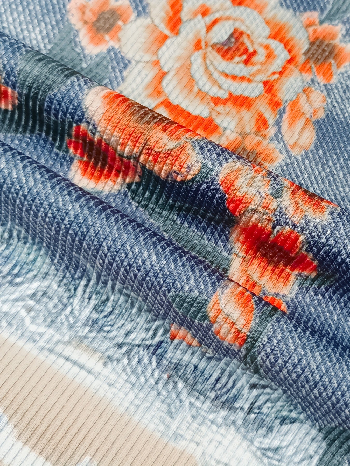  Denim & Floral Print High Rise Skinny Shorts