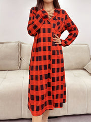 Plaid Print Button Lounge Dress Lapel Pocket Long Sleeve