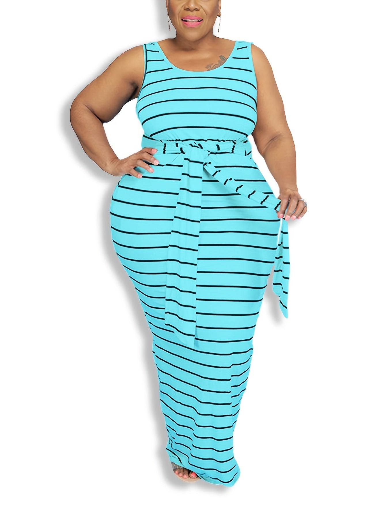  Striped Lace Up Maxi Dress with Belt