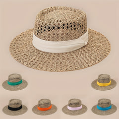 Flat Top Summer Sun Hat Hollow Straw Hat British Jazz Fedora Cap