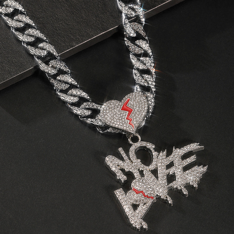 Silver Cuban Link Pendant Chain with Rhinestones
