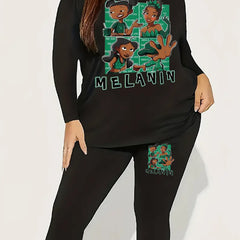  Cartoon Figure & Art Print Long Sleeve Top & Leggings Set