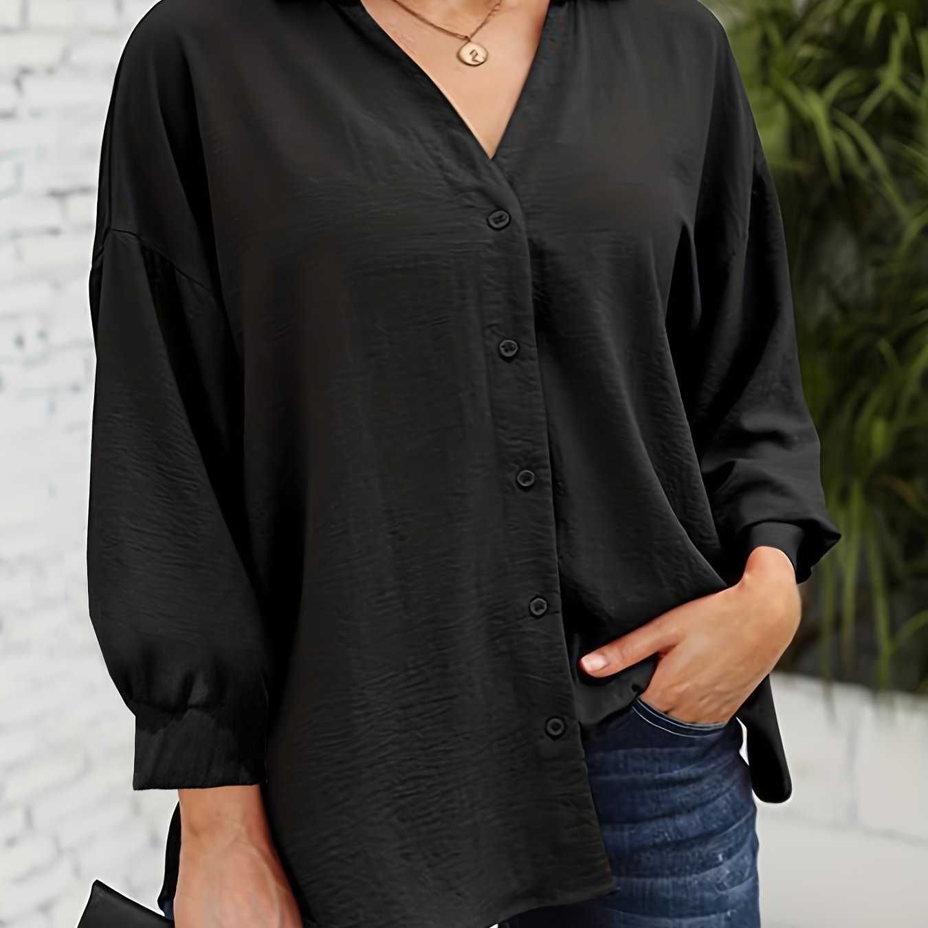  Lantern Sleeve Turn Down Collar Tunic Blouse