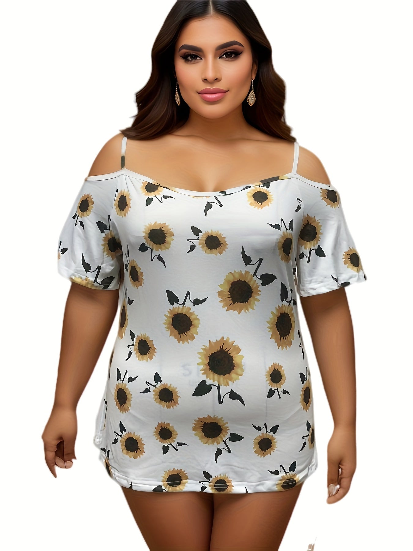  Sunflower Print Cold Shoulder Ruffle Trim T-shirt