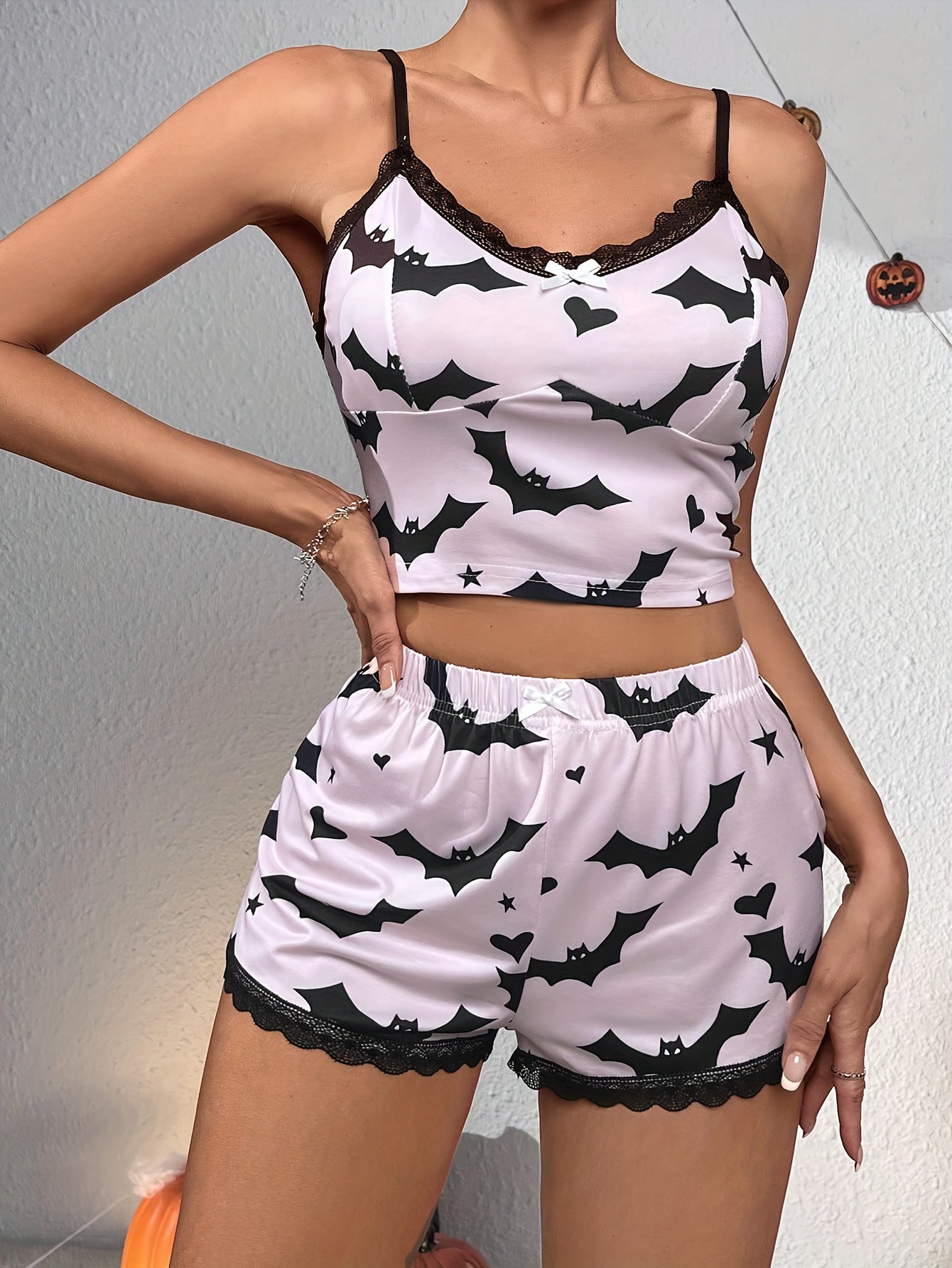 Bat Print Pajama Set Lace Trim Cami Top & Shorts Women's Sleepwear