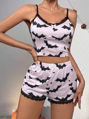 Bat Print Pajama Set Lace Trim Cami Top & Shorts Women's Sleepwear
