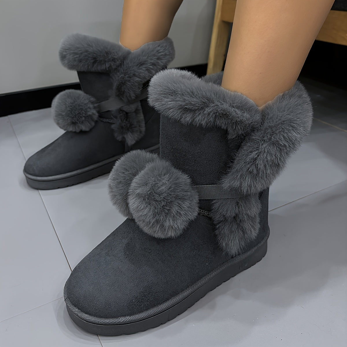 Women's Pompom Thermal Snow Boots Non Slip Flat Snow Shoes