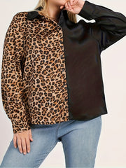  Colorblock Leopard Print Button Up Long Sleeve Blouse