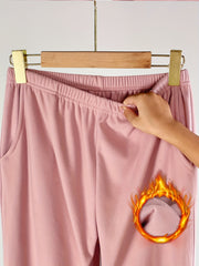 Solid Fuzzy Lounge Pants, Warm & Soft Elastic Waistband Pants