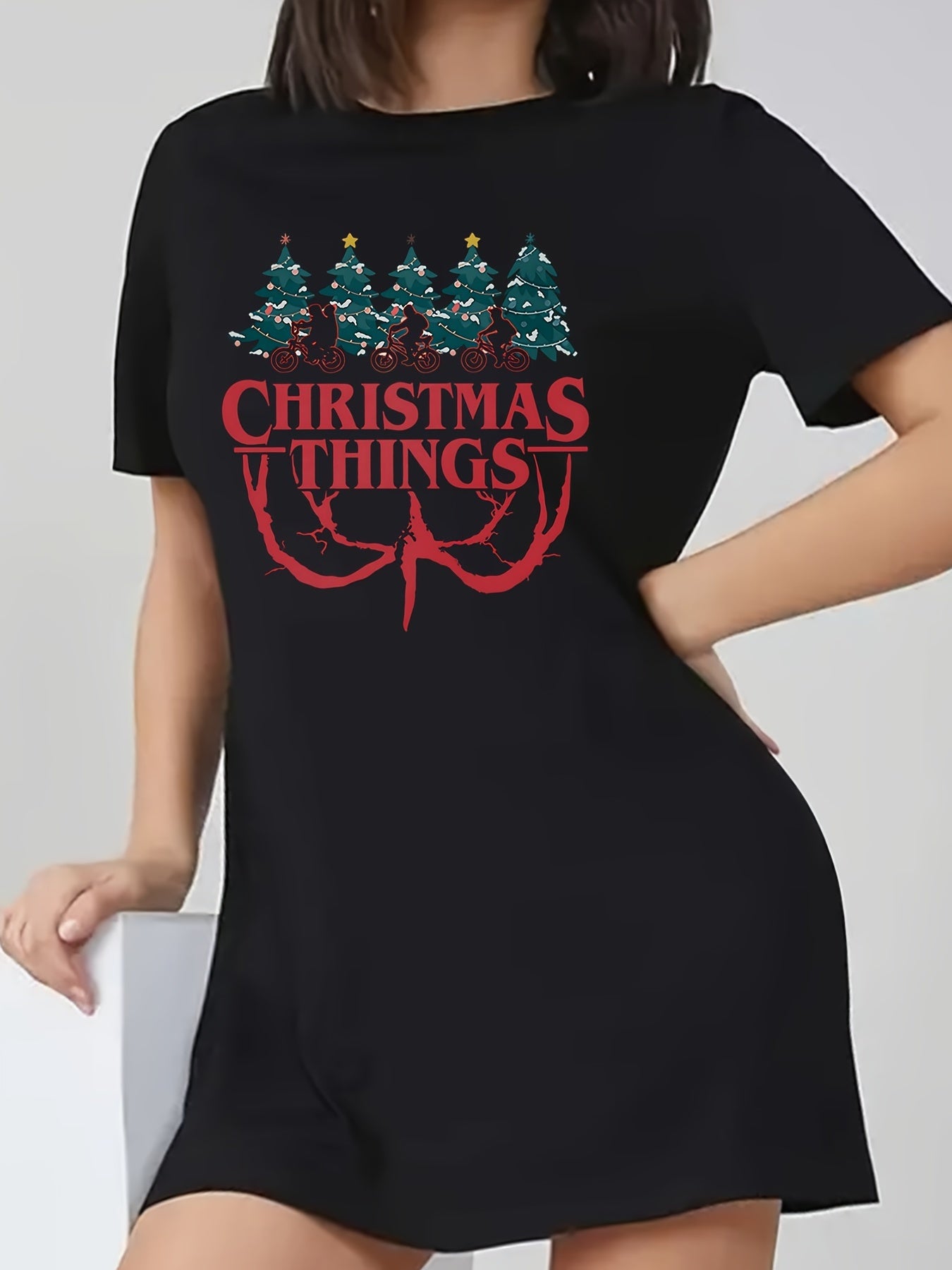  Christmas Casual Dress Women's Plus Letter & Tree Print Tee Dress