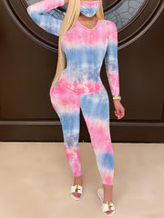 Tie Dye Long Sleeve V Neck Tee & Leggings Set