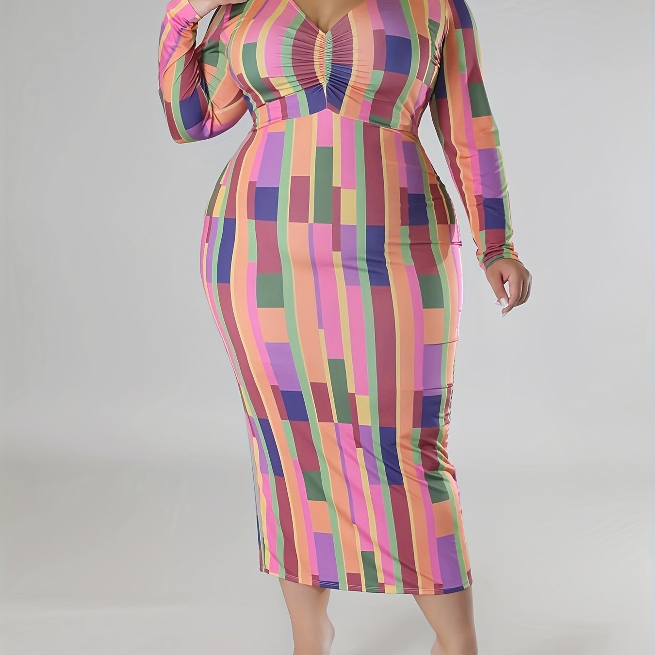  Colorblock Geometric Print Ruched V Neck Dress