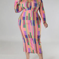  Colorblock Geometric Print Ruched V Neck Dress