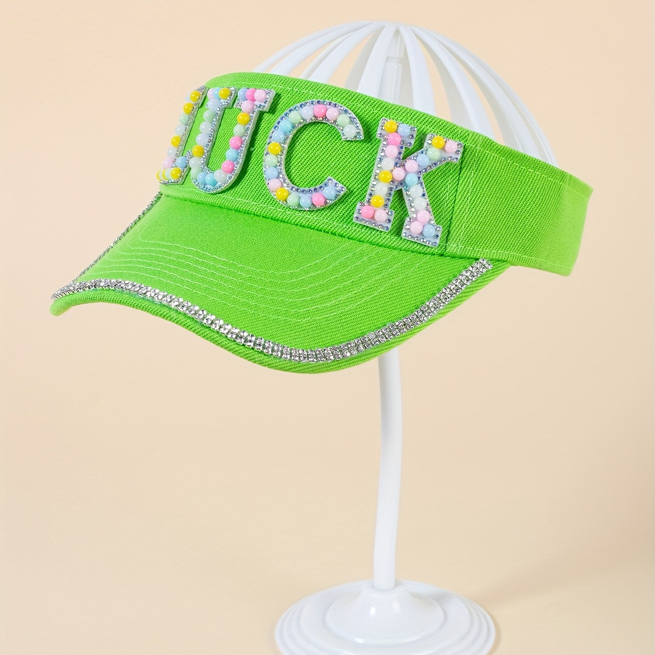 Green Visor Hat with Faux Pearl Rhinestone Decor