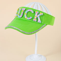 Green Visor Hat with Faux Pearl Rhinestone Decor