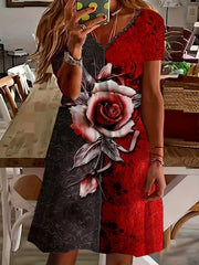  Colorblock Rose Print Short Sleeve V Neck Dress