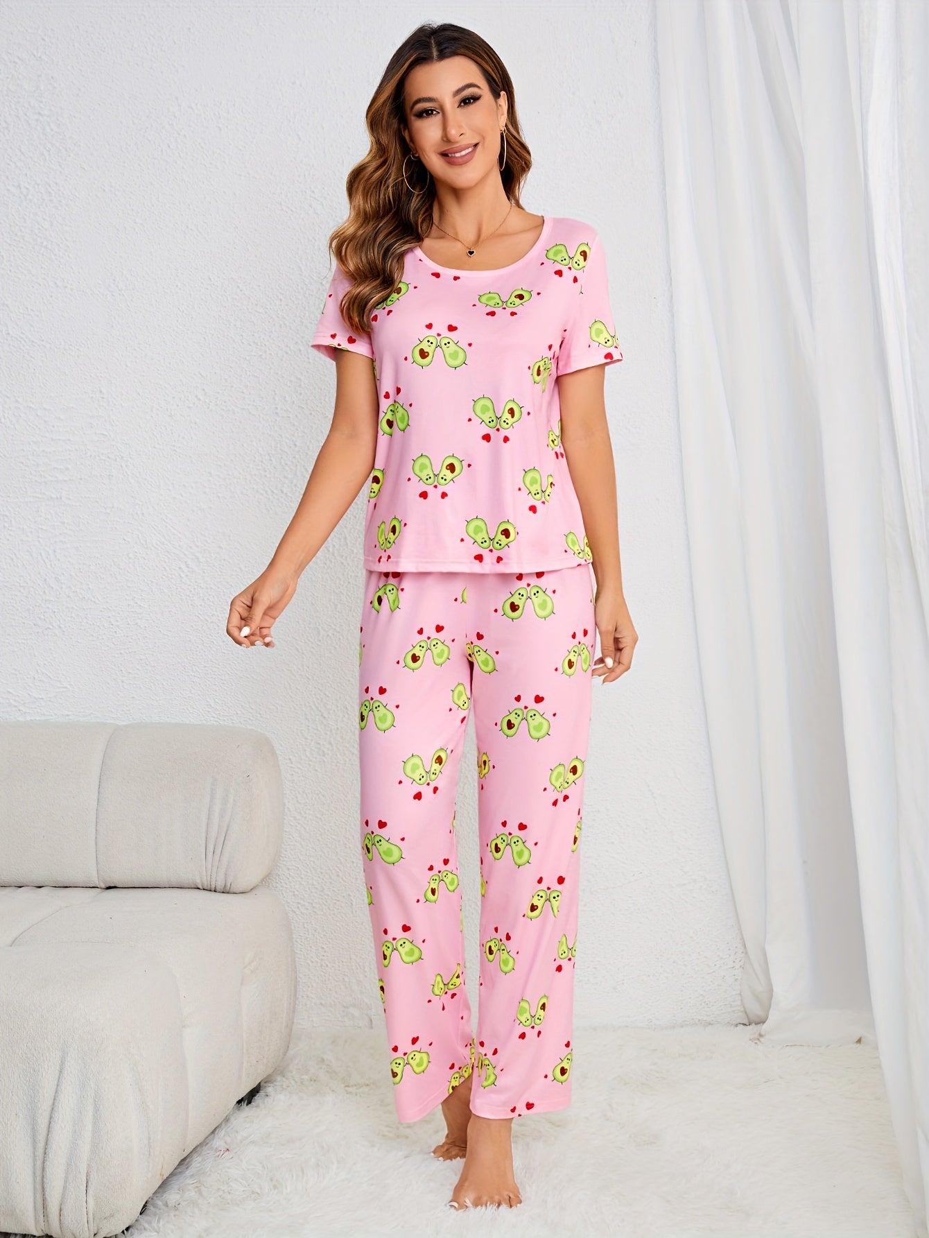 Avocado Print Pajama Set Short Sleeve Top & Pants Women's Sleepwear