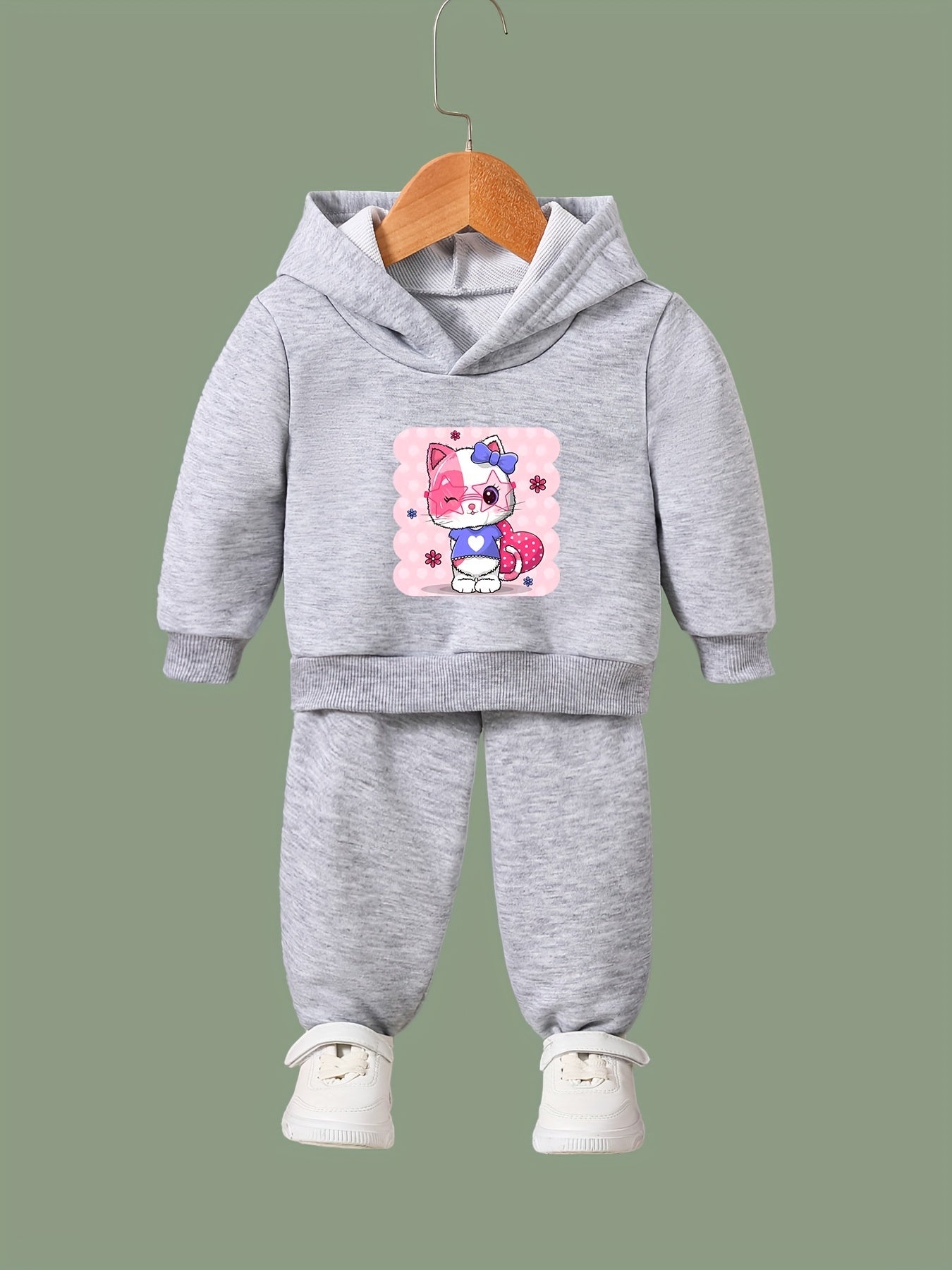 Girls Sweet Kitten Graphic 2pcs Set for Spring Fall Sports