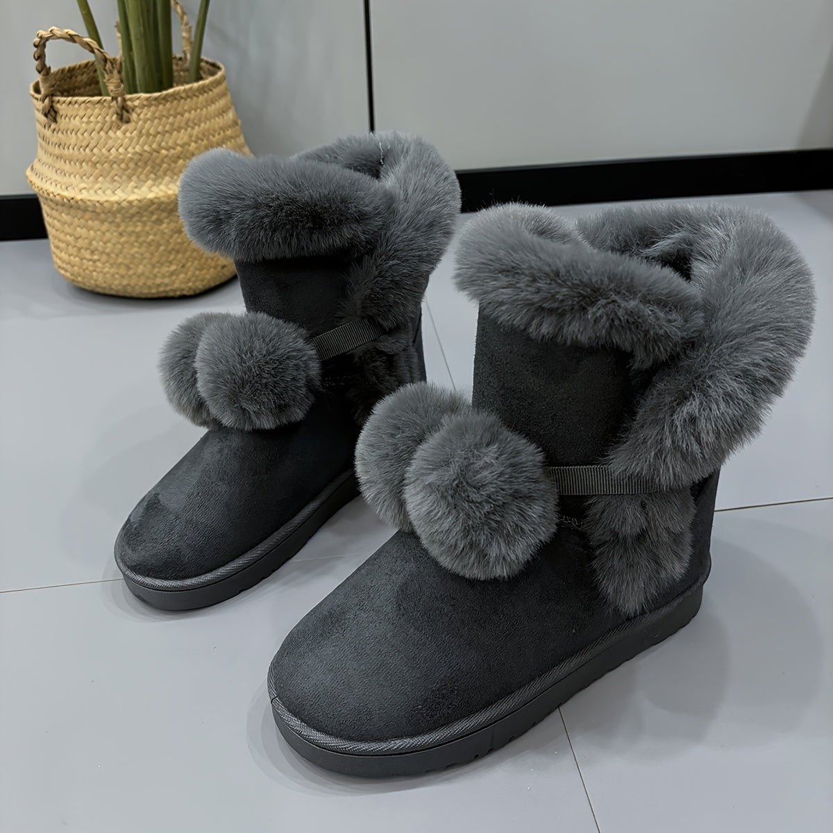 Women's Pompom Thermal Snow Boots Non Slip Flat Snow Shoes